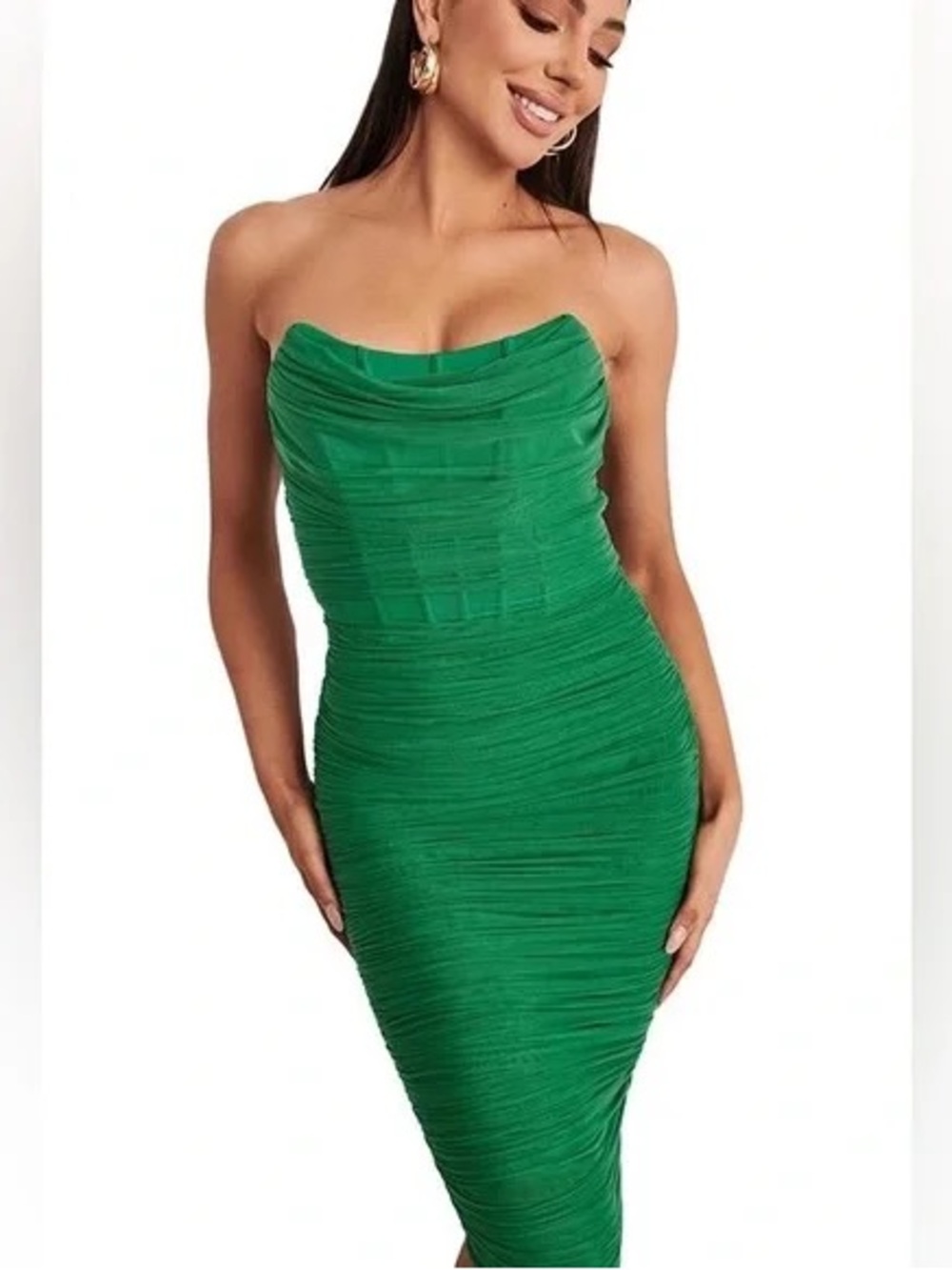 Lavish Alice Emerald Green Strapless Ruched Midi Dress